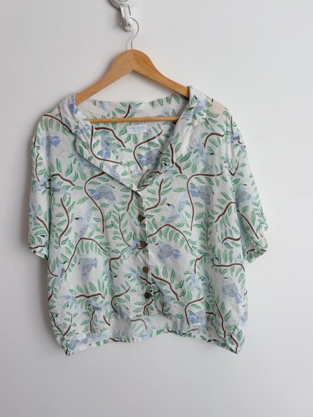 Cynthia Rowley Linen Bird Print Camp Shirt Artsy Coastal Grandmother L